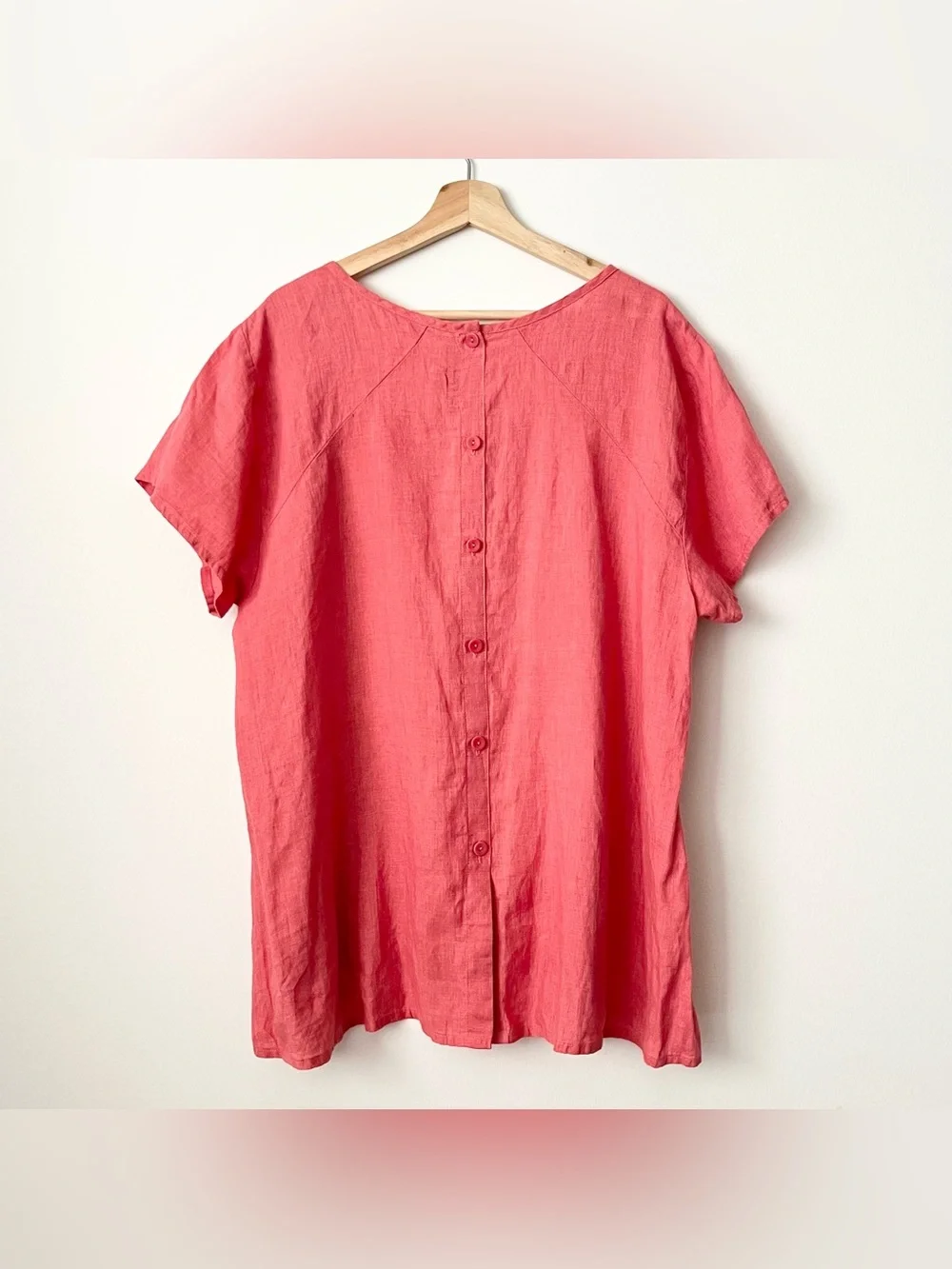 FLAX Women's 100% Linen Tunic Top Shirt Size L Pink Salmon Button Back Summer - Picture 2 of 6